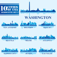 Silhouettes Cities of USA Set 2 on blue background