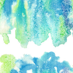 Fototapeta na wymiar Blue and green watery frame .Abstract watercolor hand drawn illustration. Azure splash.White background.