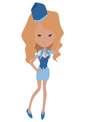 Cartoon slim stewardess with blonde hair and a blue uniform