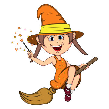 Beautiful funny witch fly with broom and stick for halloween cartoon