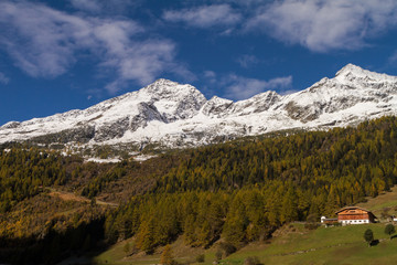 Fototapeta na wymiar Contrasts Of Snow And Green In The Mountains Of Riva Di Tures /