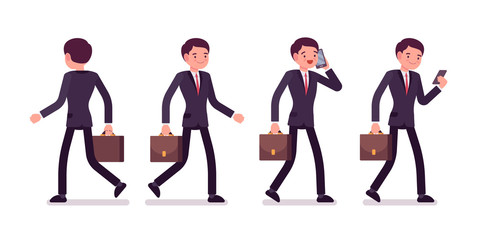 Set of businessmen in walking poses, rear and front view