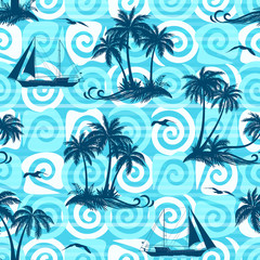 Fototapeta na wymiar Exotic Seamless Pattern, Tropical Ocean Landscape, Islands with Palms Trees, Ships Sailing and Birds Seagulls Silhouettes on Abstract Tile Background with Spirals and Lines. Eps10 Vector