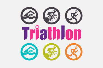 Triathlon graphic symbol. Triathletes are swimming running and cycling icon in colorful and Black and White version.