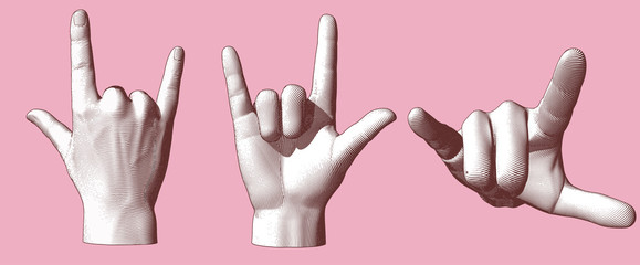 Engraving hand gesture I love you illustration