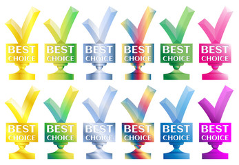 Set of Best Choice trophy rainbow colored gradient. Award for super goods or great product. Gold, green, blue. Vector