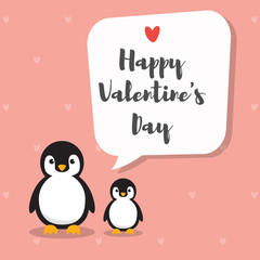 Penguin cartoon character. Cute Penguins standing on rose pink heart pattern background. Flat design Vector illustration for Valentine's Day invitation card.