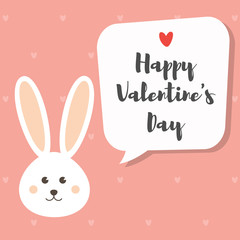 Rabbit cartoon character. Cute white rabbit on rose pink heart pattern background. Flat design Vector illustration for Valentine's Day invitation card.