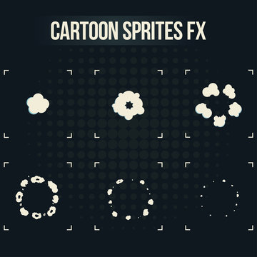 Smoke explosion sprites. Cartoon fx animation frames icons isolated on background. Use in motion graphic, mobile games and other. Vector illustration