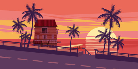 Lovely sunset, sea, road, trees, house with mooring, cartoon style, vector illustration
