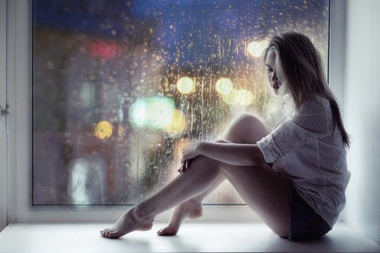 Sad Girl Sitting Window Lights Of The City Rain