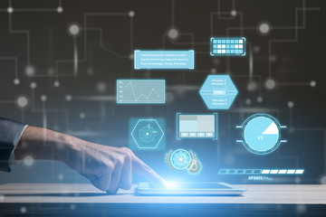 Businessman touching on his phone with financial dashboard with