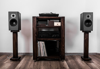 Speakers, music room, vinyl sound, wooden shelf, powerful speakers