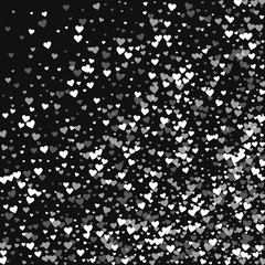 White hearts confetti. Abstract random scatter on black valentine background. Vector illustration.