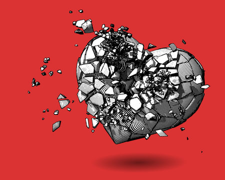 Broken heart drawing illustration on red BG