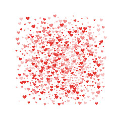 Red hearts confetti. Square frame on white valentine background. Vector illustration.