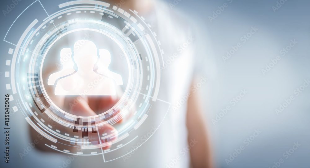 Poster businessman using blue social network 3d rendering