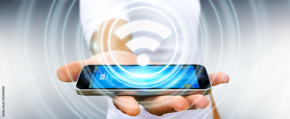 Aufkleber Businessman using free wifi hotspot interface 3D rendering
