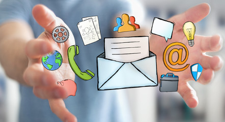 Businessman holding manuscript contact icon in his hand