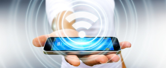 Businessman using free wifi hotspot interface 3D rendering