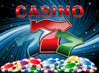 Casino slot machine lucky seven symbol and chips pile