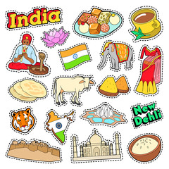 India Travel Elements with Architecture and Lotus. Vector Doodle