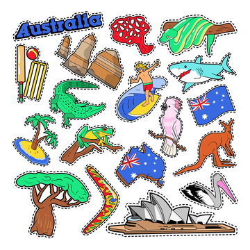 Australia Travel Elements with Architecture and Animals. Vector Doodle
