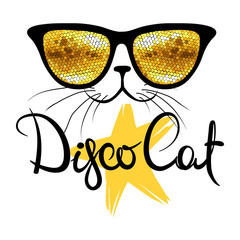 Disco cat / Vector illustration, print, background with funny cat in glasses