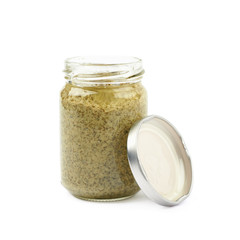 Glass jar of italian pesto isolated