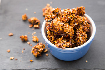 Healthy breakfast. Fresh granola, muesli in a glass jar. 