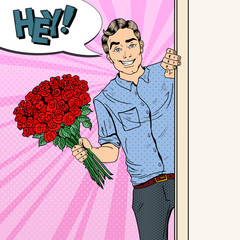 Pop Art Handsome Man with Flowers Bouquet Roses. Vector illustration