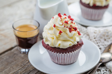 Red velvet cupcakes with buttercream frosting