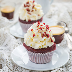 Red velvet cupcakes with buttercream frosting