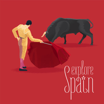 Bull and bullfighter on Spanish arena during bullfighting performance vector illustration