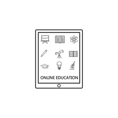 Online education line pictograms package, E-learning symbols collection, Web & mobile services vector sketches, Tablet with apps logo illustrations, linear icons isolated on white background.