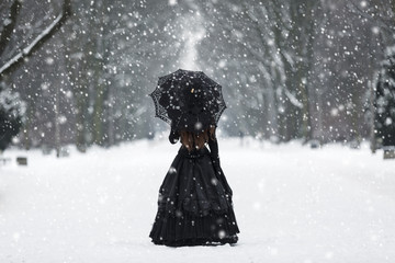 Mysterious lonely woman in Victorian dress departing into the distance - 135044354