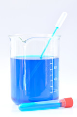 Chemical beaker with blue chemicals dissolved in water