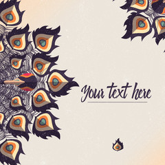 Template card with peacock colorful feathers and place for text