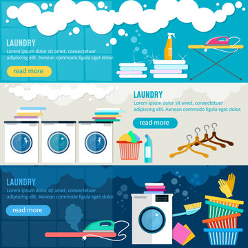 Laundry service banner, washing machine, ironing clothes