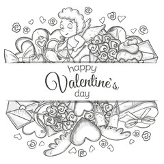 Template with Valentine's Day icons. Monochrome sketch style illustration for Valentine's Day greeting card and decoration. Vector.