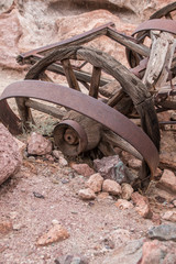 abandondes broken wagon wheel in caligo ghost town, USA