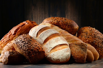 Composition with variety of baking products on wooden table