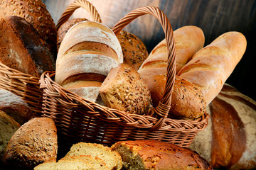 Composition with variety of baking products on wooden table