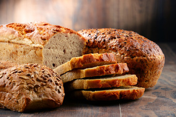 Composition with variety of baking products on wooden table