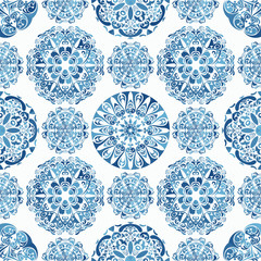 Fancy seamless ethnic pattern with blue mandalas.