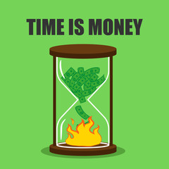 Time is money. Money in  hourglass.