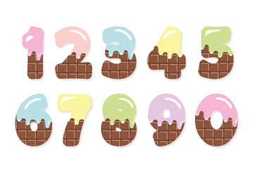 Funny numbers set for birthday design. Milk chocolate with melted colored cream.