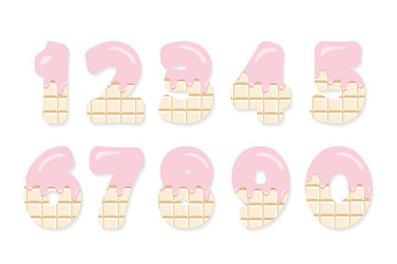 Cute numbers set for birthday design. White chocolate with melted pastel pink cream. Girly.