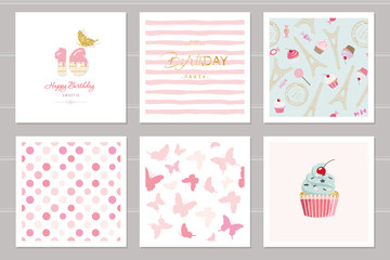 Fototapeta na wymiar Birthday cards set for teenage girls. Including seamless patterns in pastel pink. Sweet 16, butterflies, cupcake, polka dots, Eiffel tower, stripped.