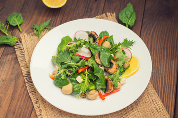 Fresh spring salad with radish, Mizuno, mushrooms grilled, Adygei cheese, spinach, bell pepper, lemon, corn. Wooden background